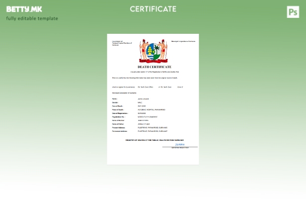 модерен стил Уверение за смрт од Суринам Шаблон за Word и PDF шаблон